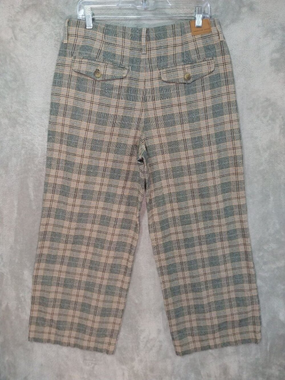 American Eagle Pants Womens 12 Short Beige Plaid Super High Rise Baggy Wide Leg - Picture 2 of 10